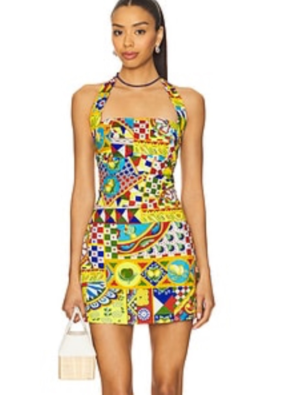 Colorblock Halter Mini Dress in Bright Yellow Patchwork